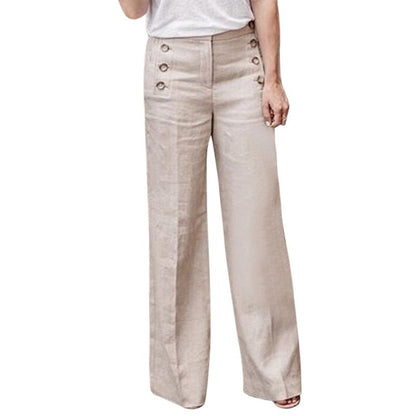 Damen Leinenhose beige, weites Bein, hohe Taille, Knöpfe, Sommermode, lässig, elegant.