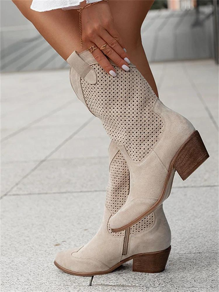 Beige Cowboy-Stiefel aus Wildleder, atmungsaktiv, mit Blockabsatz, Damenmode.