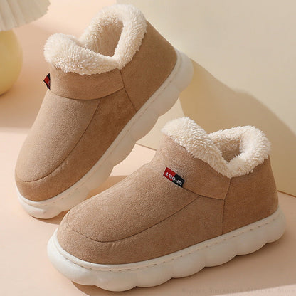 Beige Winter-Hausschuhe mit Plüschfutter, rutschfeste Sohle, warm, bequem, Unisex.