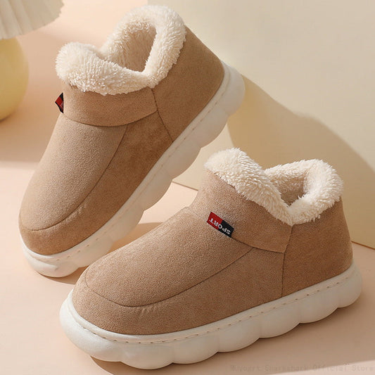 Beige Winter-Hausschuhe mit Plüschfutter, rutschfeste Sohle, warm, bequem, Unisex.