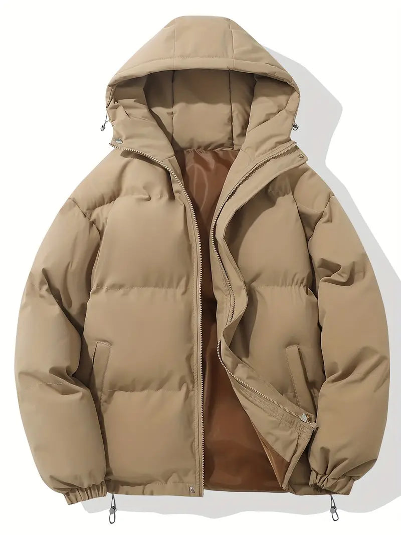 Beige Daunenjacke mit Kapuze, Reißverschluss, warm, Wintermode, Herrenbekleidung.