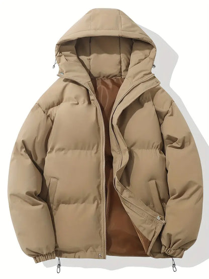 Beige Daunenjacke mit Kapuze, Reißverschluss, warm, Wintermode, Herrenbekleidung.