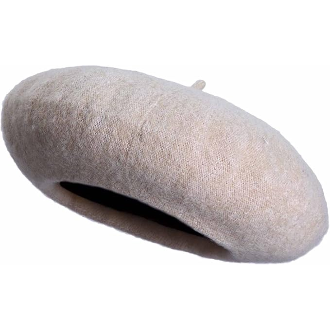 Beige Woll-Baskenmütze, klassisches Design, stilvolles Accessoire, Herbstmode, Damenhut.