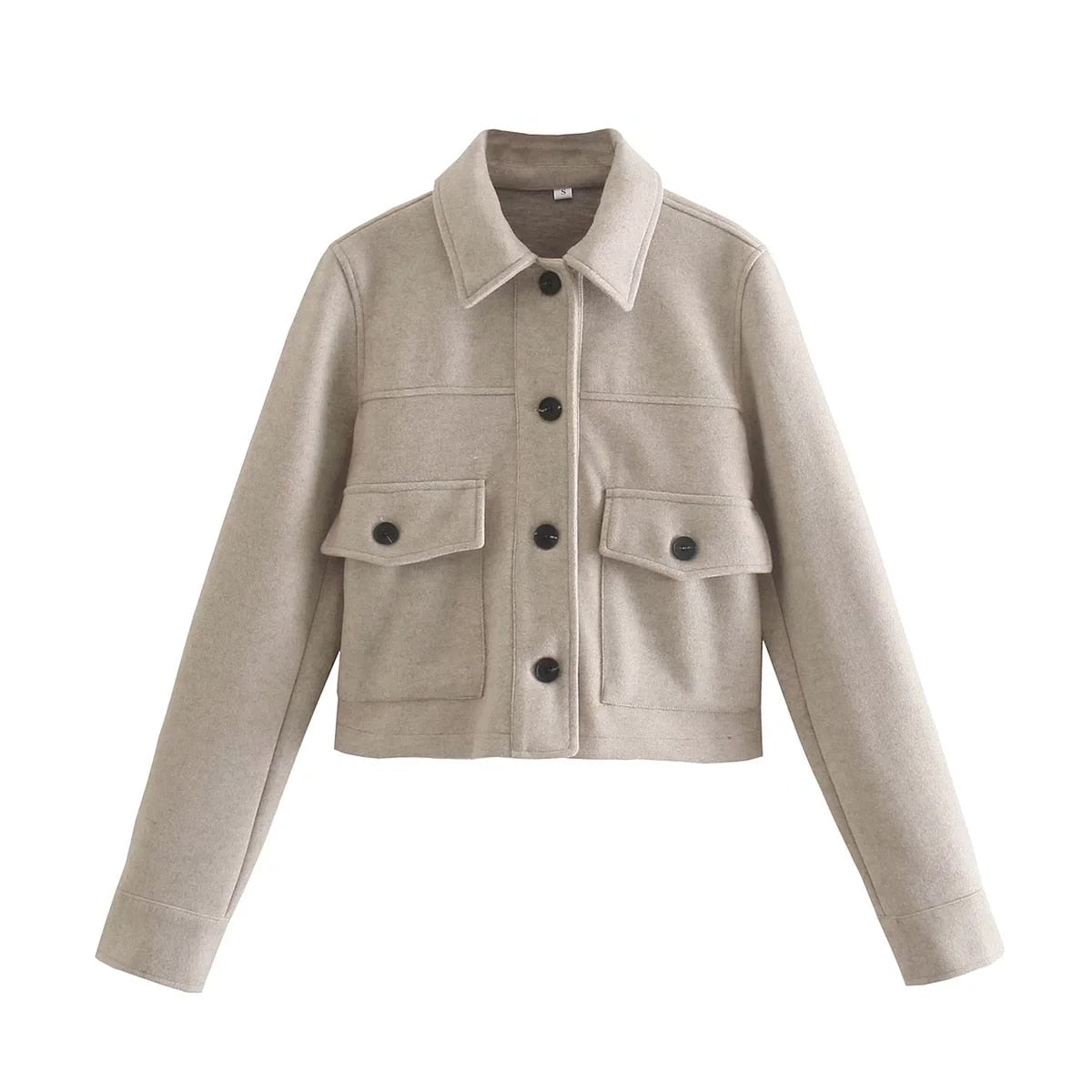 Beige Damenjacke aus Wolle, Knopfleiste, Taschen, Herbstmode, stilvoll und warm.