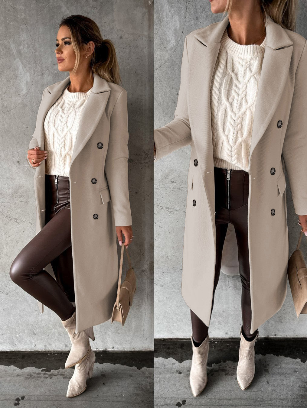 Frau in beigem Mantel, weißem Strickpullover, brauner Lederhose, Stiefeletten, Handtasche.
