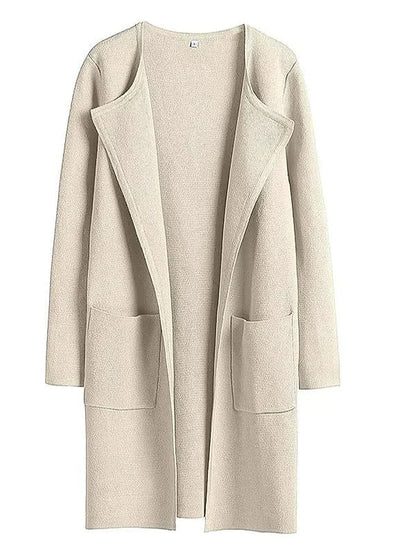 Beiger Damen-Cardigan aus Wolle, offenes Design, lange Ärmel, zwei Taschen, eleganter Stil.