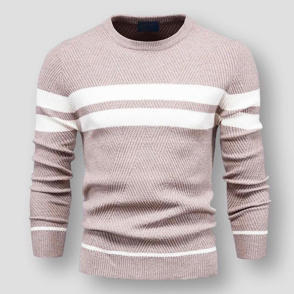 Beiger Strickpullover mit weißen Streifen, Herrenmode, gemütlicher Sweater, Baumwolle.