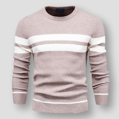 Beiger Strickpullover mit weißen Streifen, Herrenmode, gemütlicher Sweater, Baumwolle.