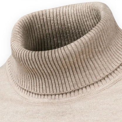 Beiger Rollkragenpullover aus Wolle, gestrickt, warm, modisch, für Herbst und Winter.