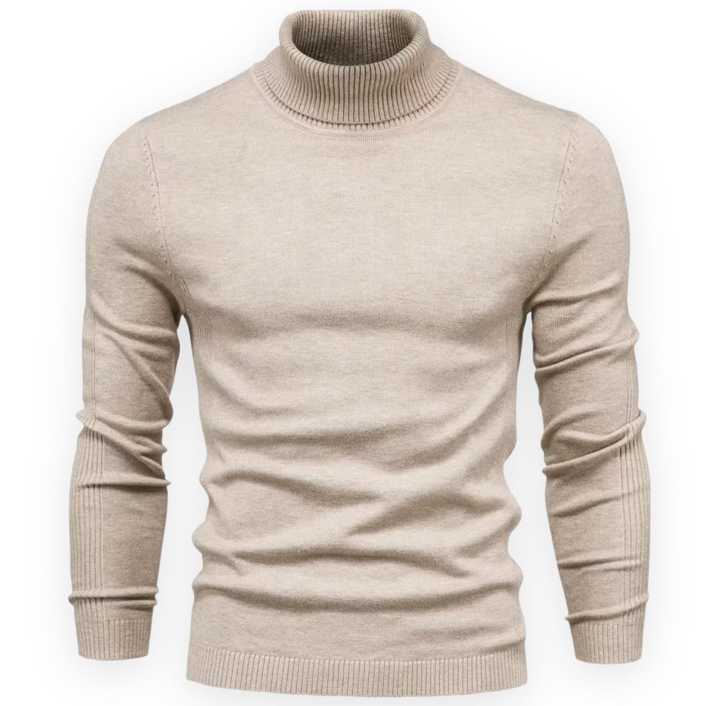 Beiger Rollkragenpullover Herren, Strick, warm, elegant, Wintermode, Baumwolle, Langarm.