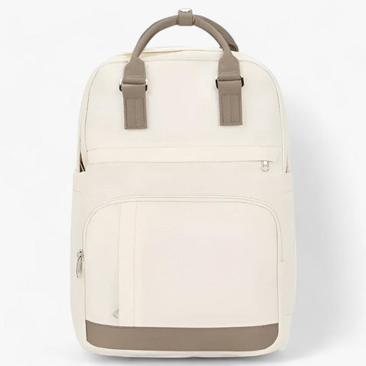 Beiger Rucksack aus Canvas mit braunen Ledergriffen, Fronttasche, Reißverschluss, Unisex-Design.
