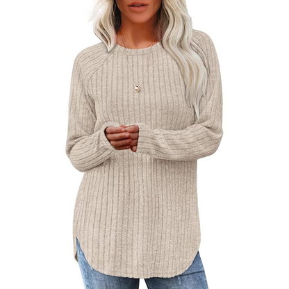 Damen Strickpullover beige, langärmelig, gerippt, lässig, Herbstmode, bequem, elegant.
