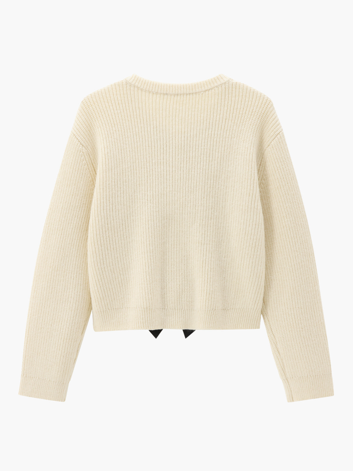 Beiger Strickpullover Damen, Rückansicht, gerippter Stoff, modisch, bequem, Herbstmode.