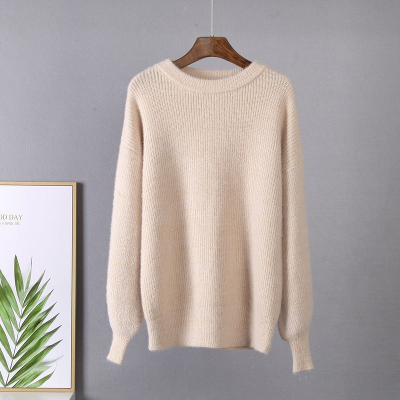 Beiger Strickpullover aus Wolle, Damenmode, langärmelig, gemütlich, Herbst-Winter-Kleidung.