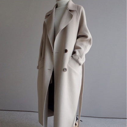 Beiger Wollmantel Damen, langer Trenchcoat, eleganter Herbst-Wintermantel, Modebekleidung