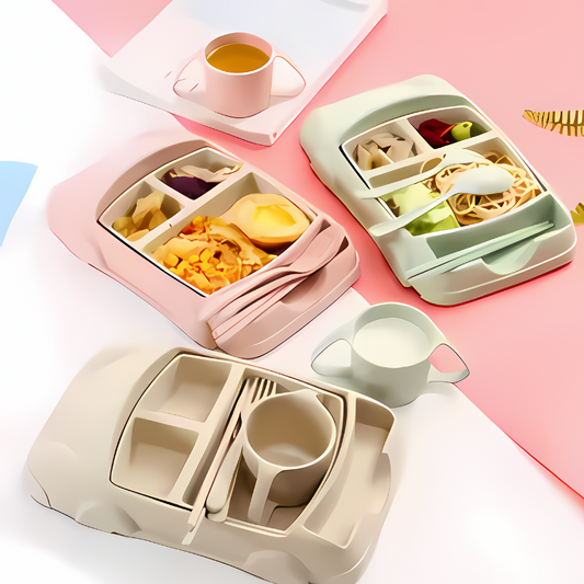 Bento-Box Set Autoform, rosa und beige, mit Fächern für Essen, ideal für Kinder, BPA-frei.