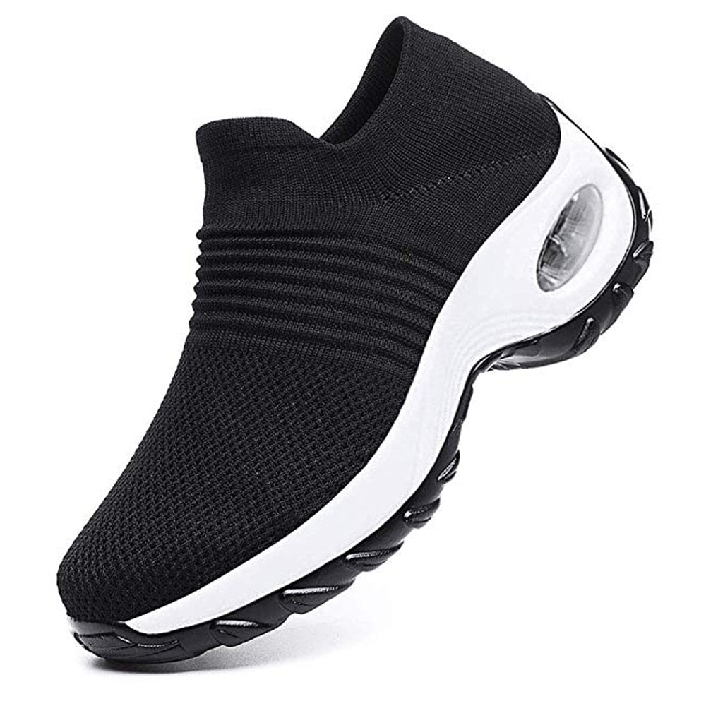 Schwarze Damen-Walkingschuhe, atmungsaktiv, rutschfest, bequem, mit weißer Sohle.