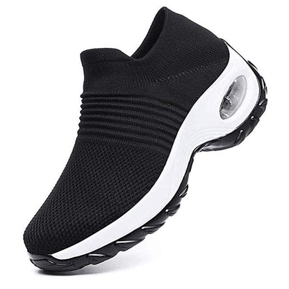 Schwarze Damen-Walkingschuhe, atmungsaktiv, rutschfest, bequem, mit weißer Sohle.