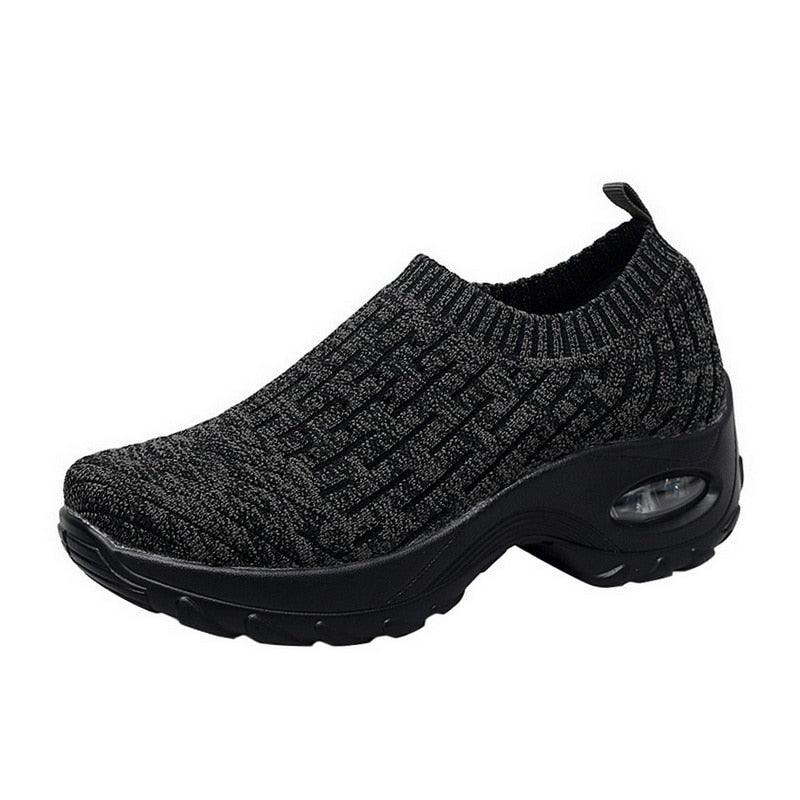 Schwarze Damen-Walkingschuhe, bequem, atmungsaktiv, rutschfest, sportlich, Freizeit.