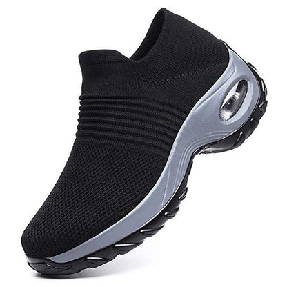 Schwarzer Damen-Walkingschuh, atmungsaktiv, rutschfest, bequem, mit elastischem Strickmaterial.