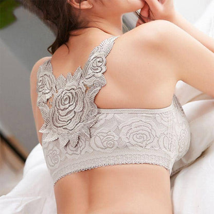 Damen Push-up BH, beige, Spitze, Blumenmuster, bequem, Unterwäsche, Rückenansicht.