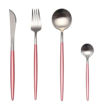 Rosa Edelstahl-Besteckset, Messer, Gabel, Löffel, Teelöffel, modernes Design, Küche.
