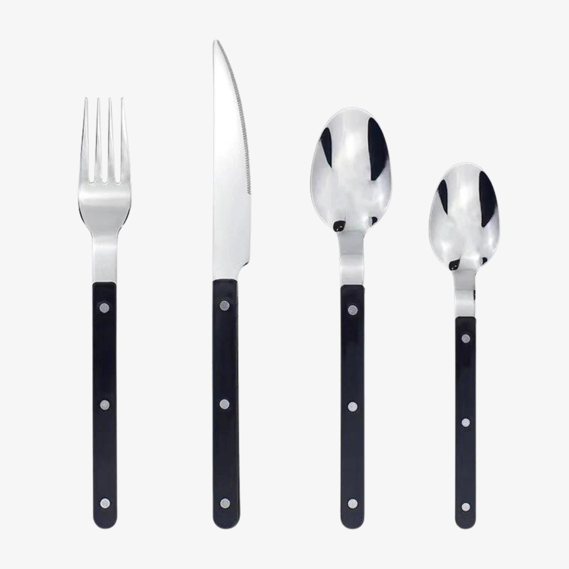Besteckset aus Edelstahl mit schwarzem Griff, bestehend aus Gabel, Messer, Löffel, Teelöffel.