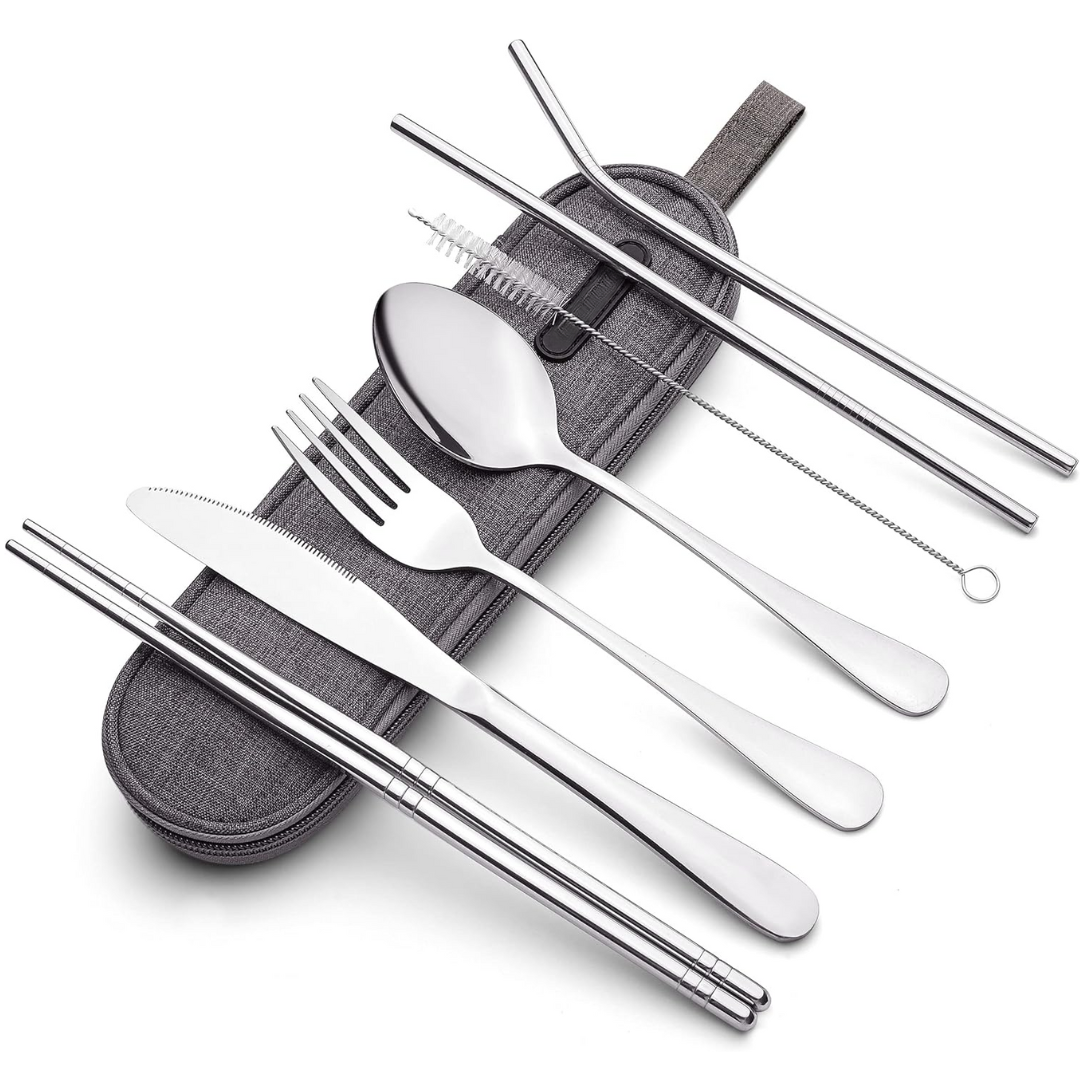 Besteckset aus Edelstahl mit Etui, Gabel, Messer, Löffel, Strohhalme, umweltfreundlich, tragbar.