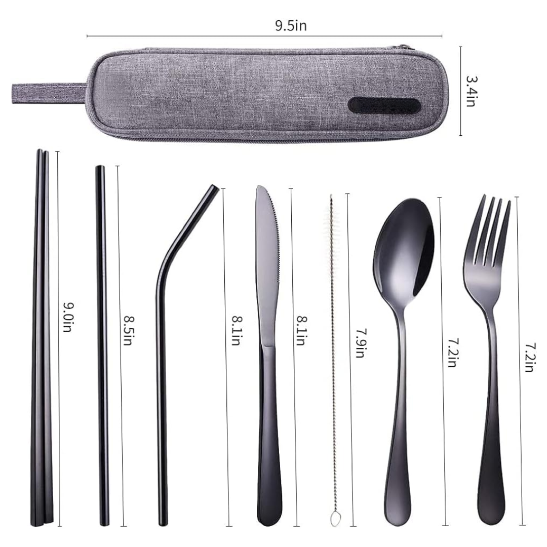 Besteckset aus Edelstahl mit Tragetasche, wiederverwendbar, umweltfreundlich, schwarz.