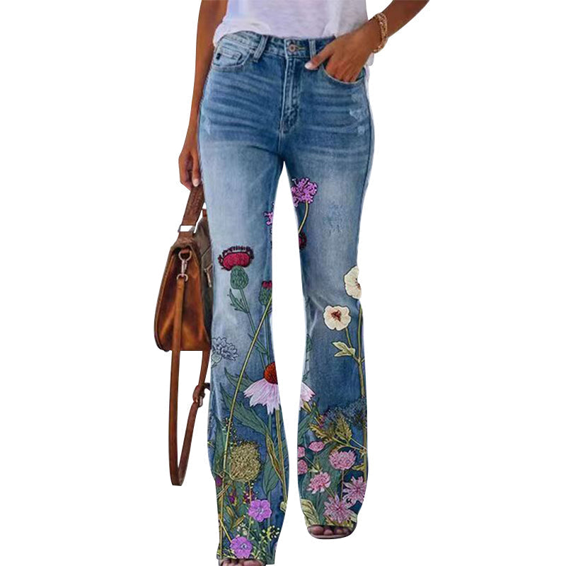 Damen-Jeans mit Blumenstickerei, blau, Schlaghose, modisch, Freizeitkleidung, Baumwolle.