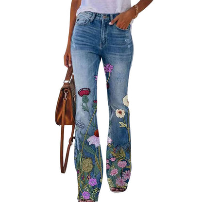 Damen-Jeans mit Blumenstickerei, blau, Schlaghose, modisch, Freizeitkleidung, Baumwolle.