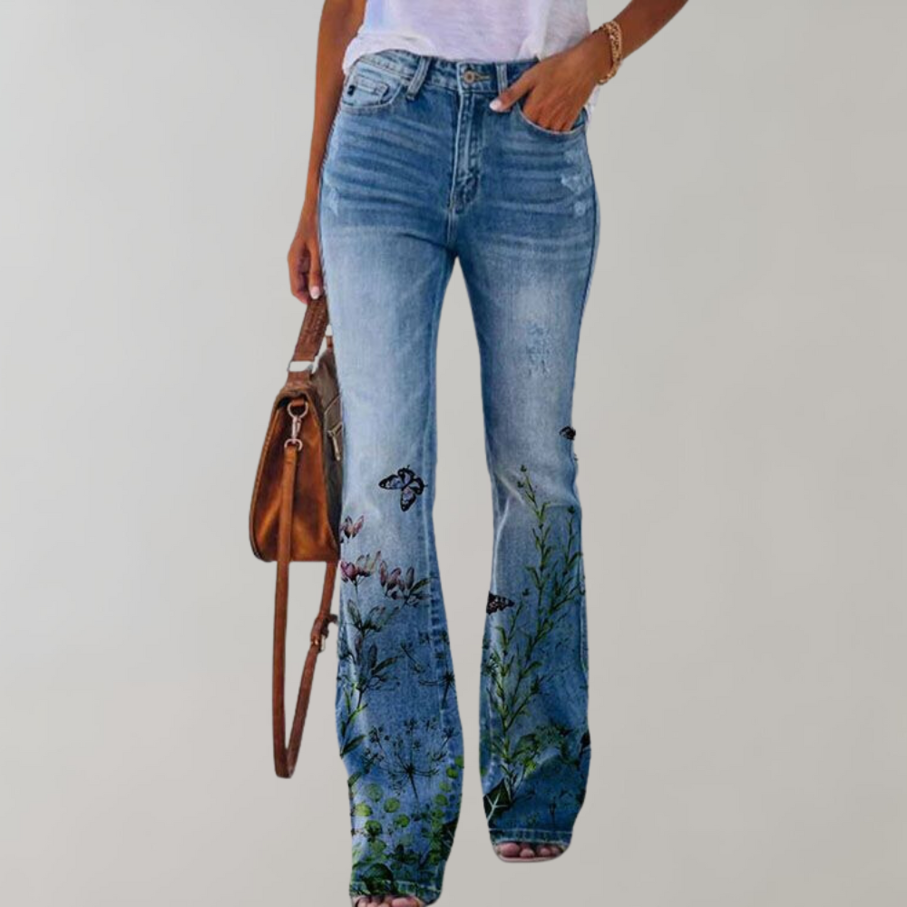 Damenjeans mit Blumenmuster, hellblau, Schlaghose, lässig, modisch, Baumwolle.