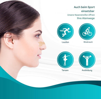 Frau mit Nasenstreifen, Sport-Symbole, Atmung verbessern, Nasenpflaster, Fitness, Gesundheit.