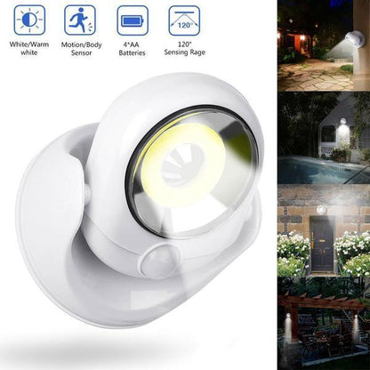 Weiße LED-Lampe mit Bewegungssensor, batteriebetrieben, für Außenbeleuchtung.