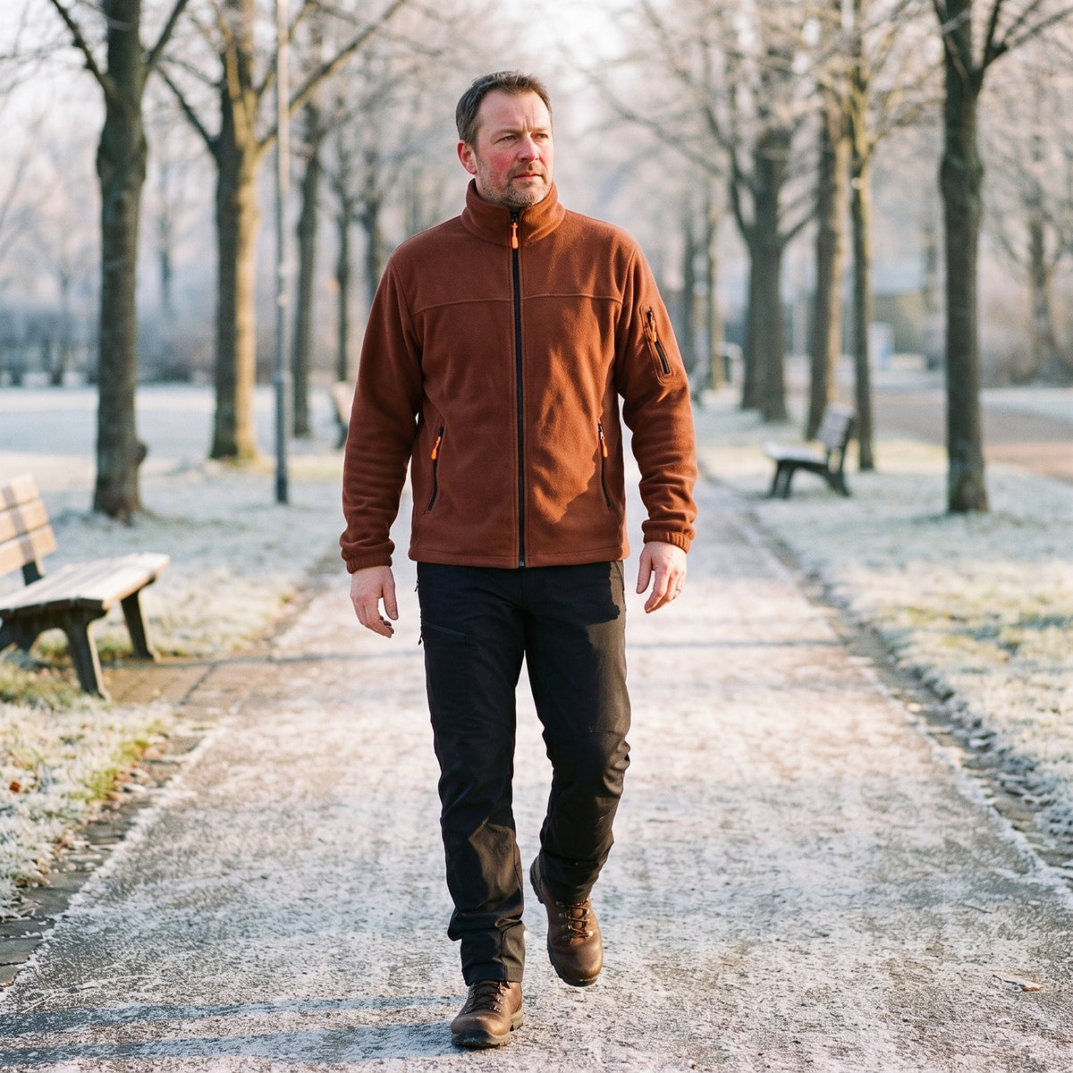 Man i rostbrun fleecejacka och svarta byxor promenerar längs en frostig parkallé 2