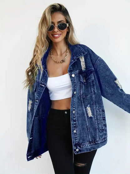 Vattentålig & Fodrad Oversized Dam Jeansjacka med Huva – Höstunderverk Talia