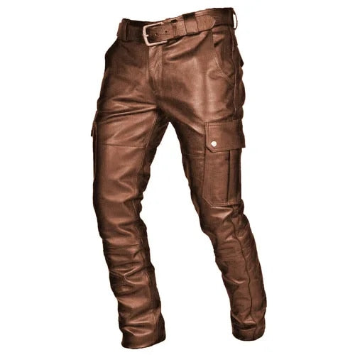 Schwarze Herren-Leder-Motorradhose mit Cargo-Taschen, PU-Material, ohne Gürtel.
