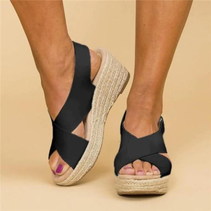 Schwarze Damen-Sandalen mit Keilabsatz, Sommerschuhe, bequem, modisch, Freizeitkleidung.
