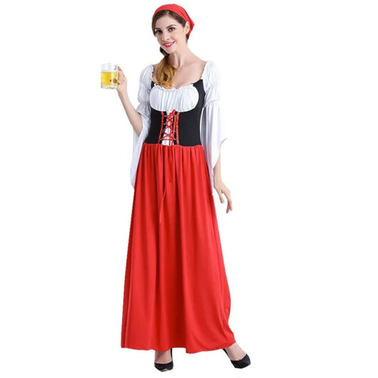 Frau im Oktoberfest-Kostüm mit Bierkrug, rot-weißes Dirndl, traditionell, festlich.