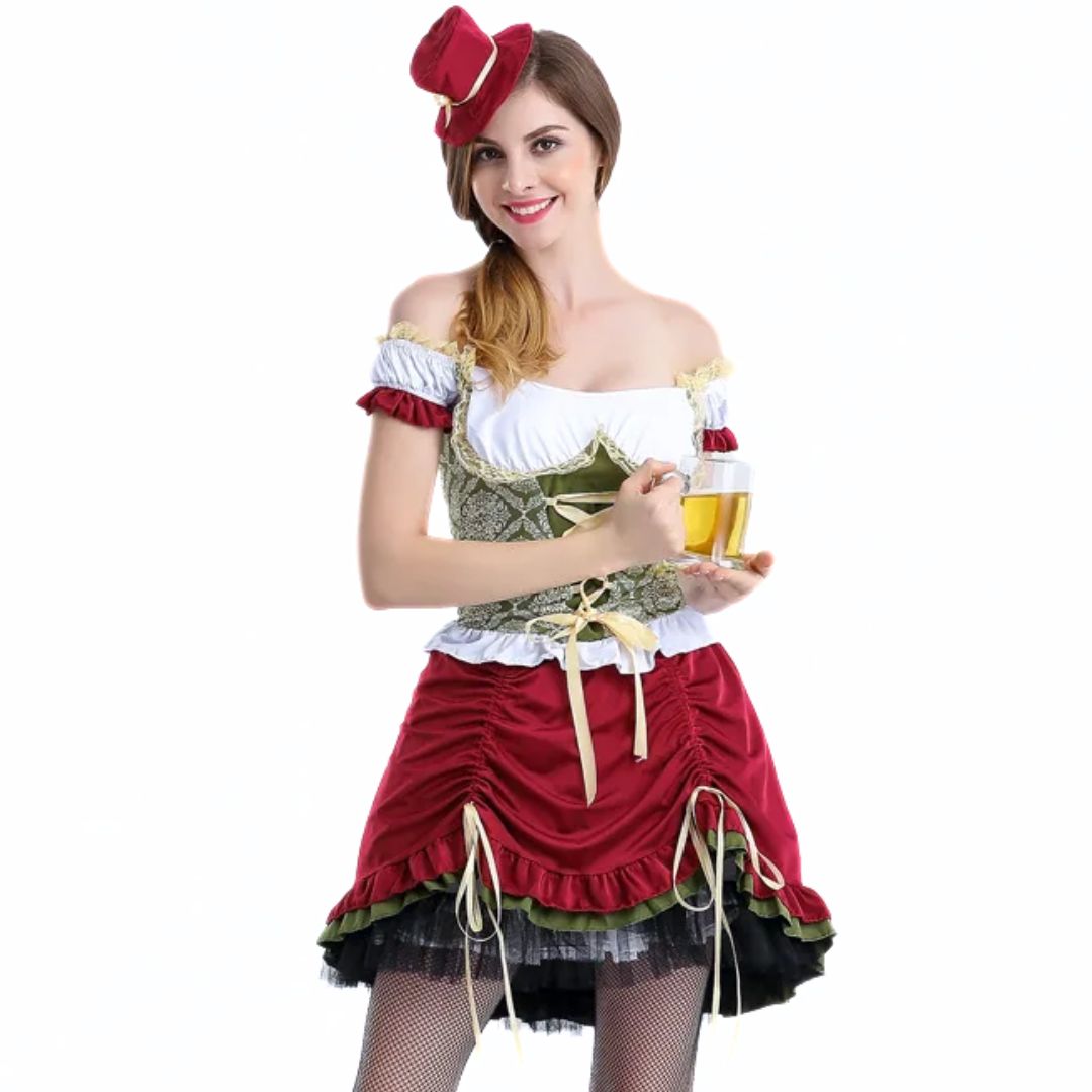 Frau im Oktoberfest-Kostüm mit Bierkrug, rot-grün, Dirndl, Party, Karneval, Verkleidung.