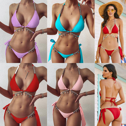 Frauen-Bikini-Set, mehrfarbig, mit Perlen, modisch, Strandmode, Sommer, Damen-Bademode.