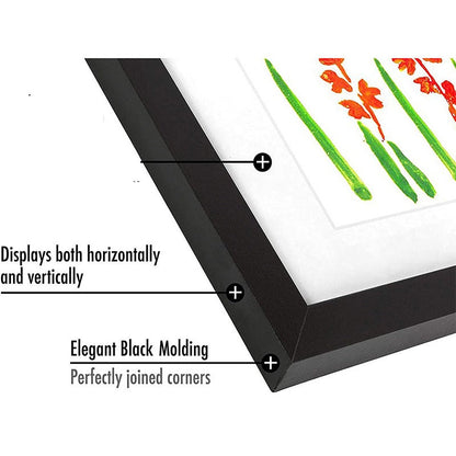 Schwarzer Bilderrahmen, elegant, horizontal und vertikal aufhängbar, perfekt gearbeitete Ecken.