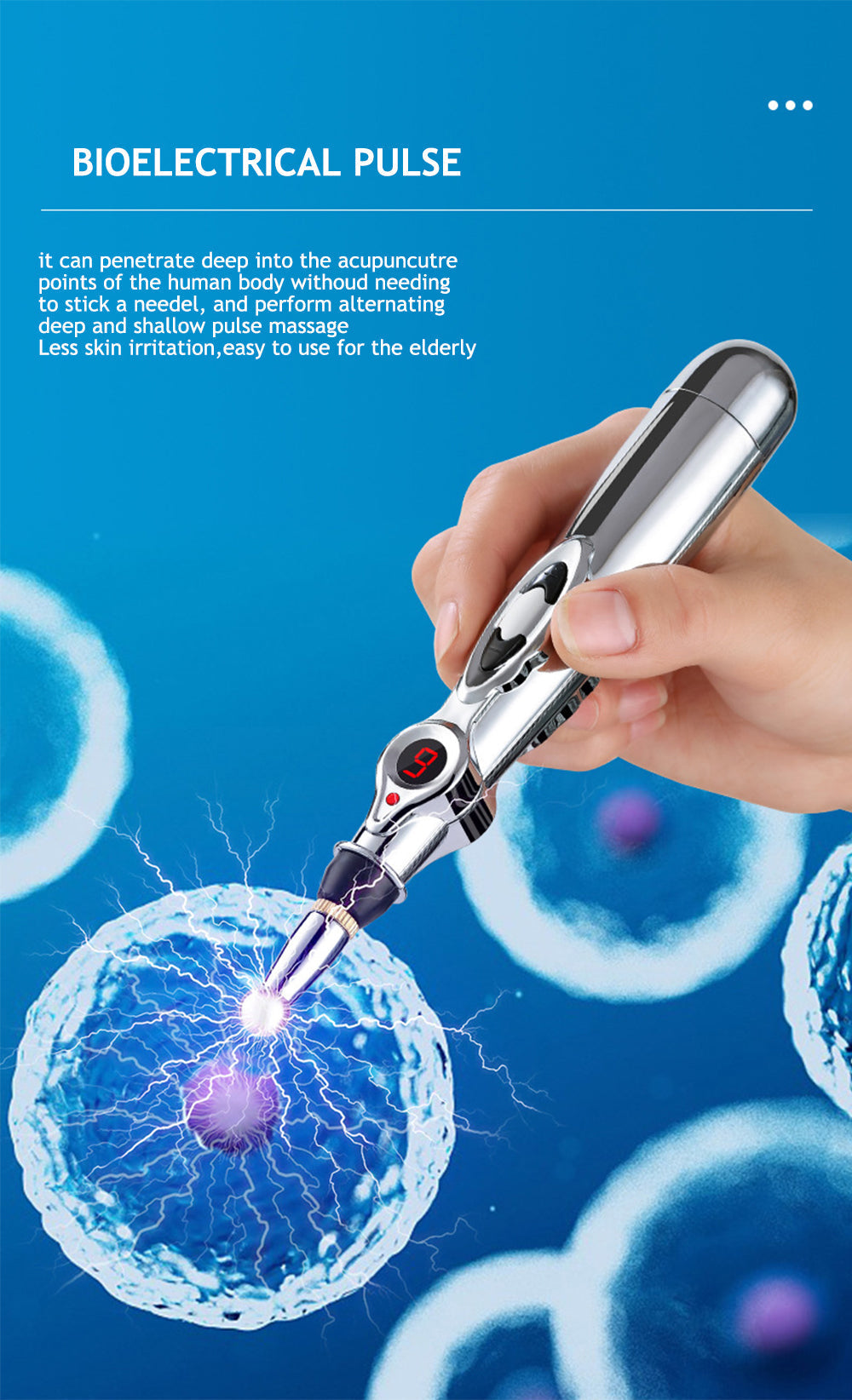 Elektrischer Akupunkturstift, silber, für schmerzfreie Massage, Bioelektrischer Impuls, tragbar.