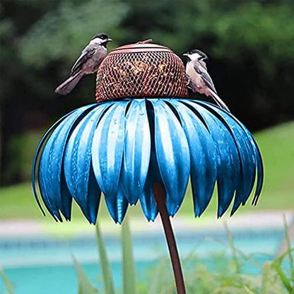 Blumenförmiges Vogelhaus aus Metall, blau, mit zwei Vögeln, Garten-Dekoration, Futterstation.