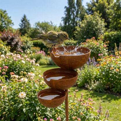 Grönaktig liten fågel plaskar i översta skålen av det rostbruna fågelbadet i en blomstrande trädgård 1