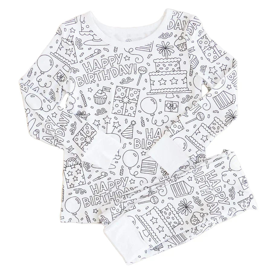 Kinder-Pyjama-Set, weiß, mit Happy Birthday-Motiven, Baumwolle, langärmelig, Geschenkideen.