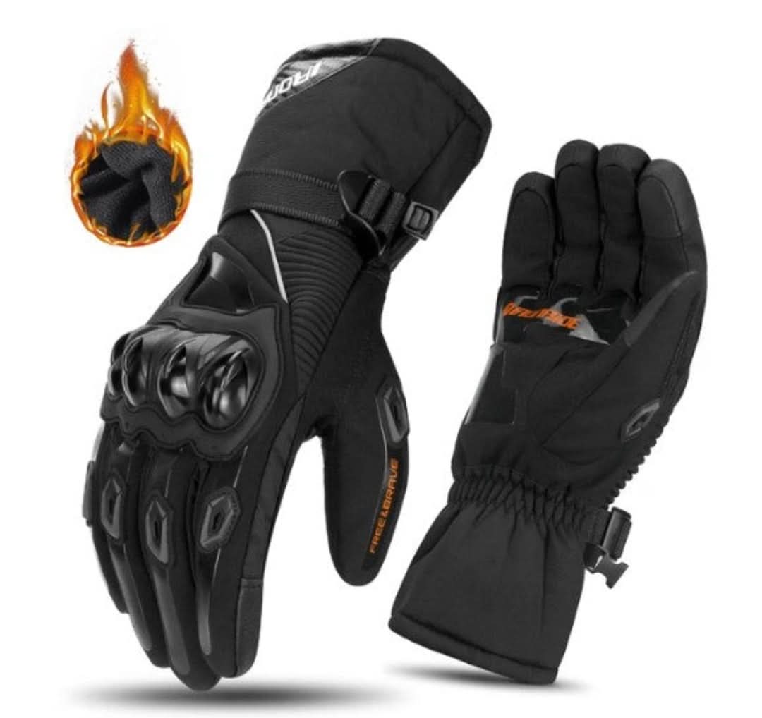 Schwarze Motorradhandschuhe, wasserdicht, mit Knöchelschutz und verstellbarem Verschluss.