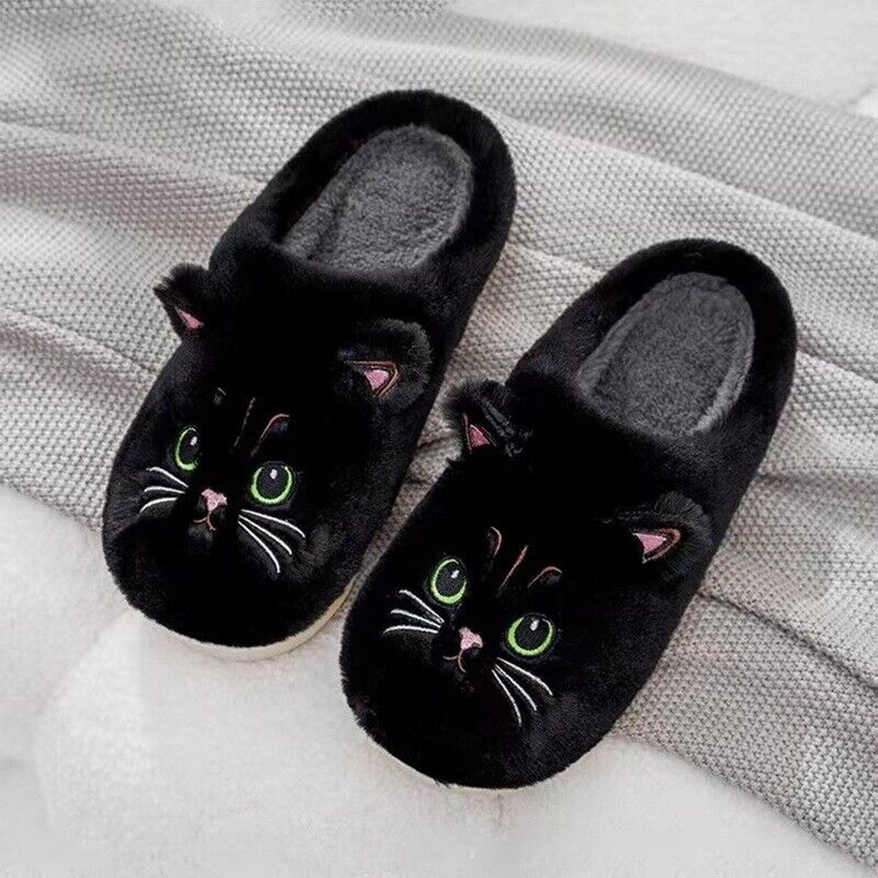 Schwarze Plüsch-Hausschuhe mit Katzenmotiv, grüne Augen, gemütlich, rutschfest, Damenmode.