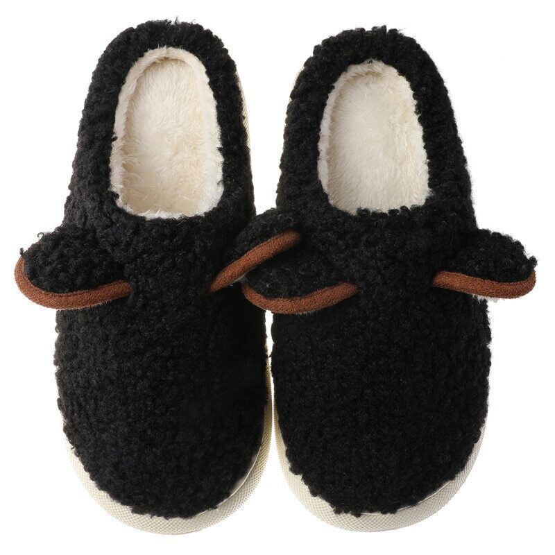 Schwarze Plüsch-Hausschuhe, warm, gemütlich, rutschfest, Unisex, Wintermode.