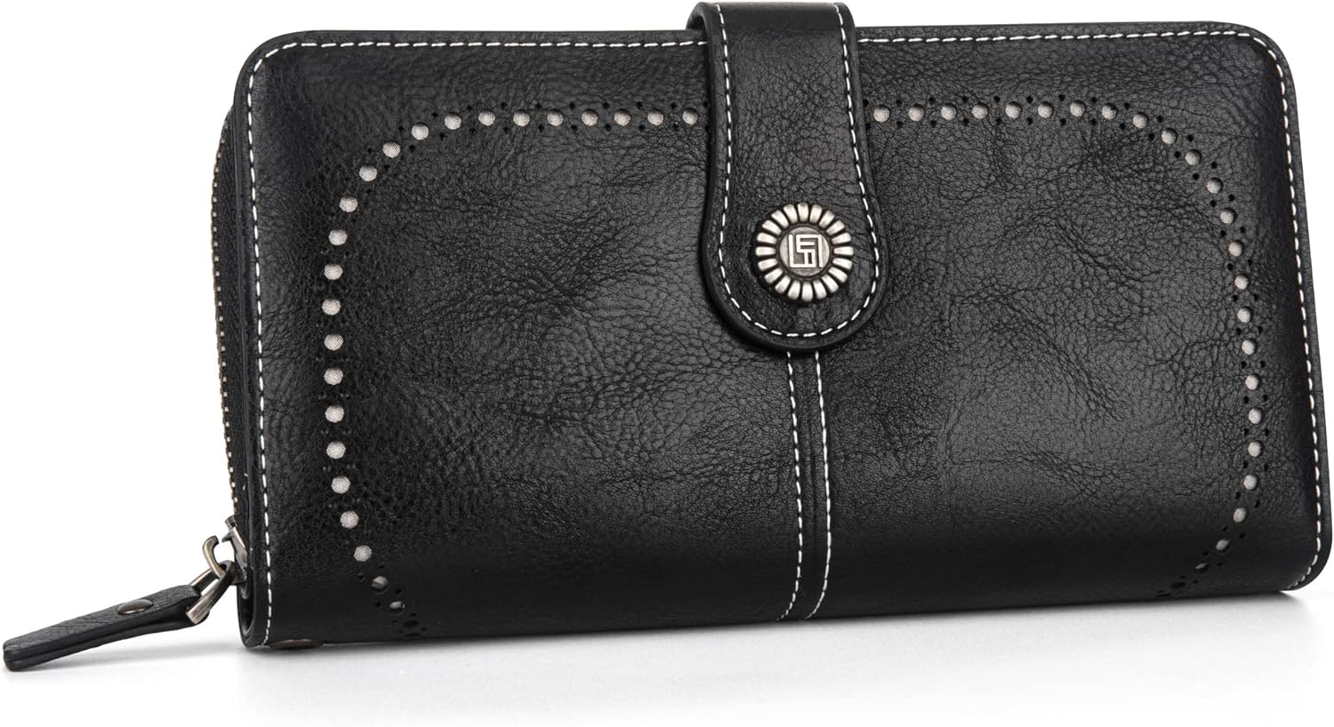 Schwarze Leder-Geldbörse mit Druckknopf, elegantes Design, Damen-Portemonnaie.